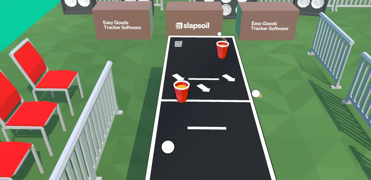 Aiming a swipe shot at red cups on an outdoor beer pong table in the Android game