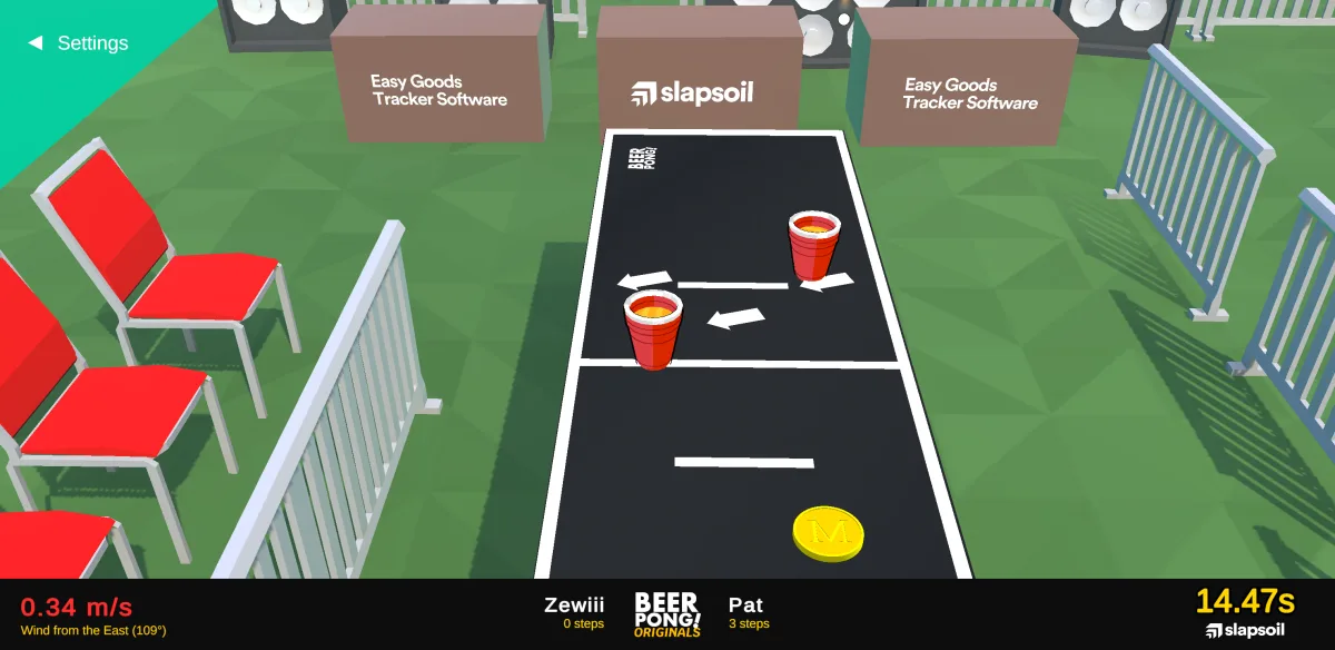 Backyard shootout mode in Beer Pong Originals with a wind speed indicator and match timer