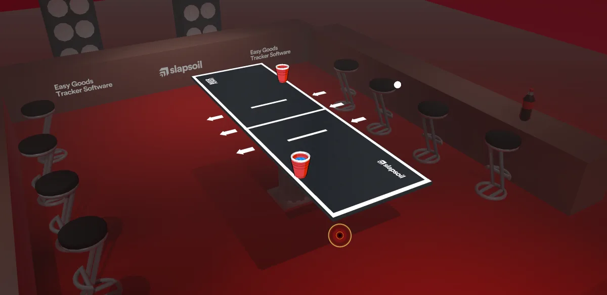 Night-time bar beer pong table with red cups viewed from the shooter position