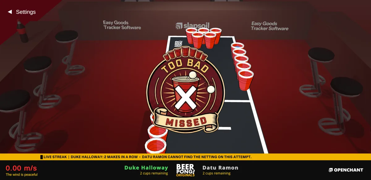 Beer Pong Originals classic match on Android showing a bar table, red cups and the live commentary ticker