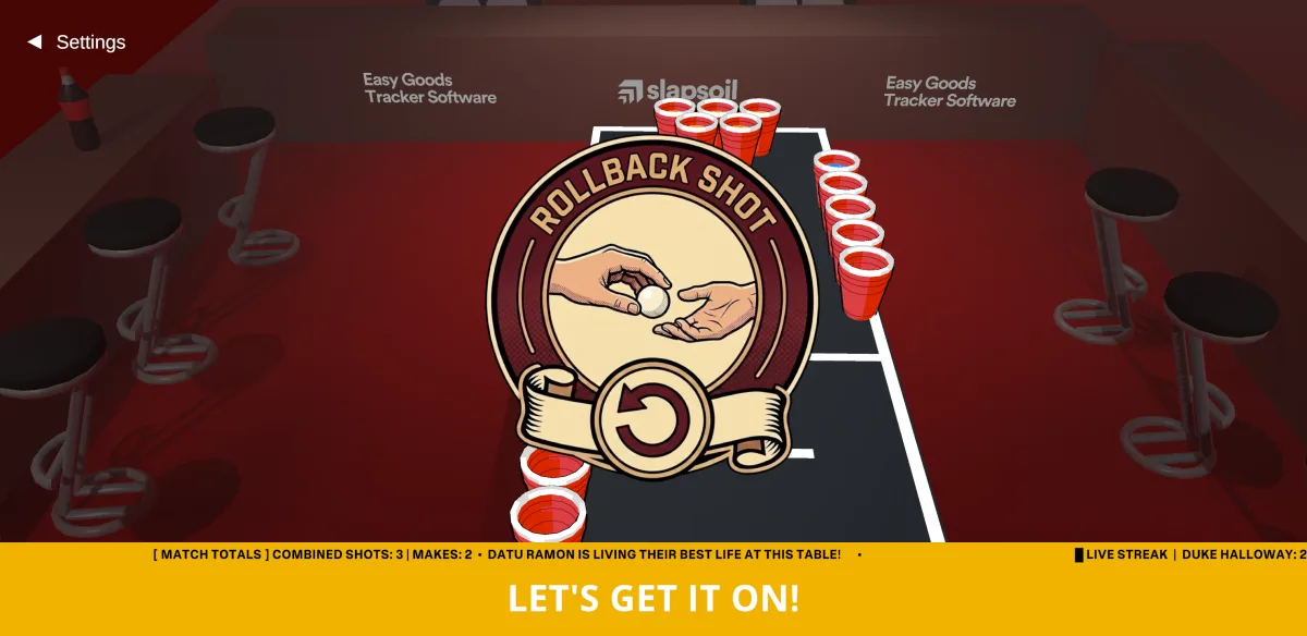 Rollback shot announcement during a beer pong match in the Beer Pong Originals mobile game