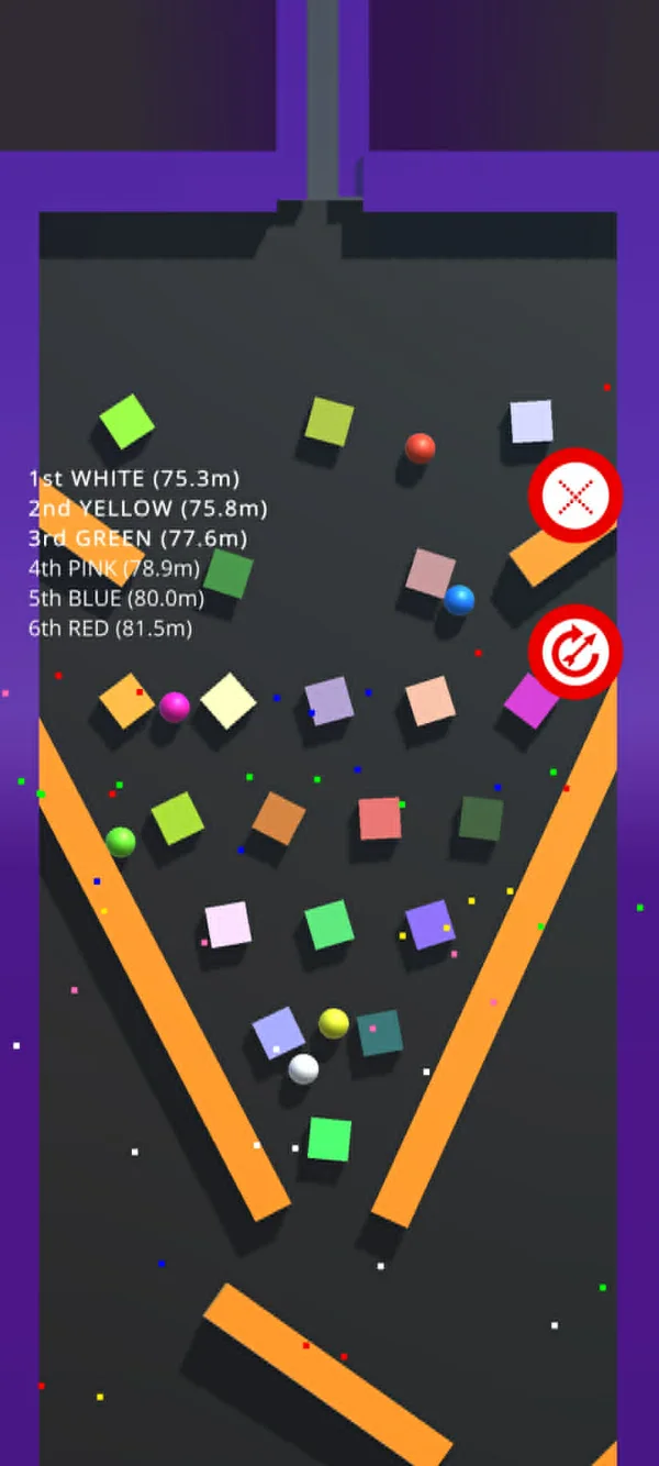 Color Race mode ranking six coloured racers by distance travelled down the course