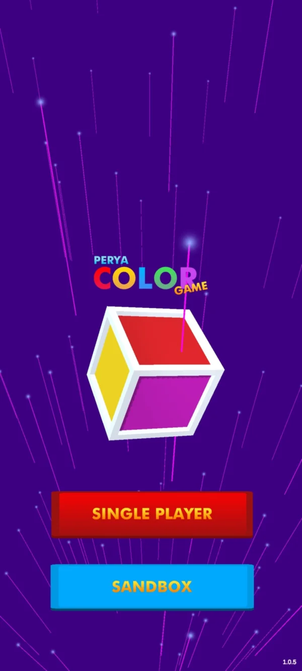Perya Color Game main menu on Android with the colour cube logo and single player and sandbox options