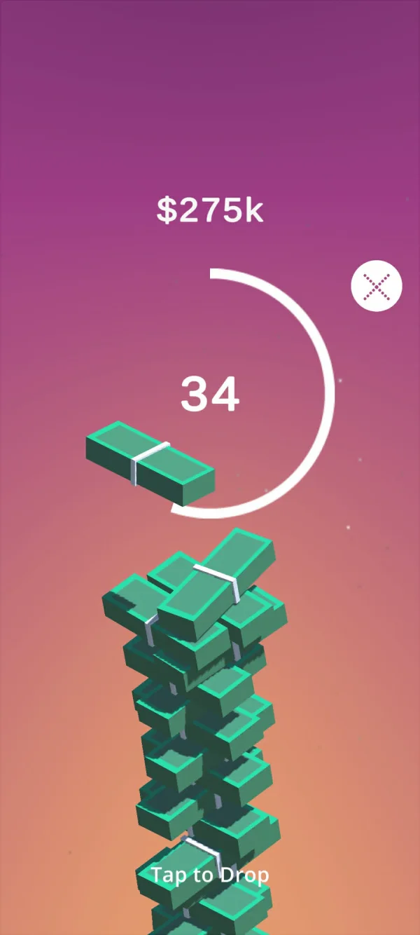 Money Tower block stacking mode in Perya Color Game with a timed drop counter