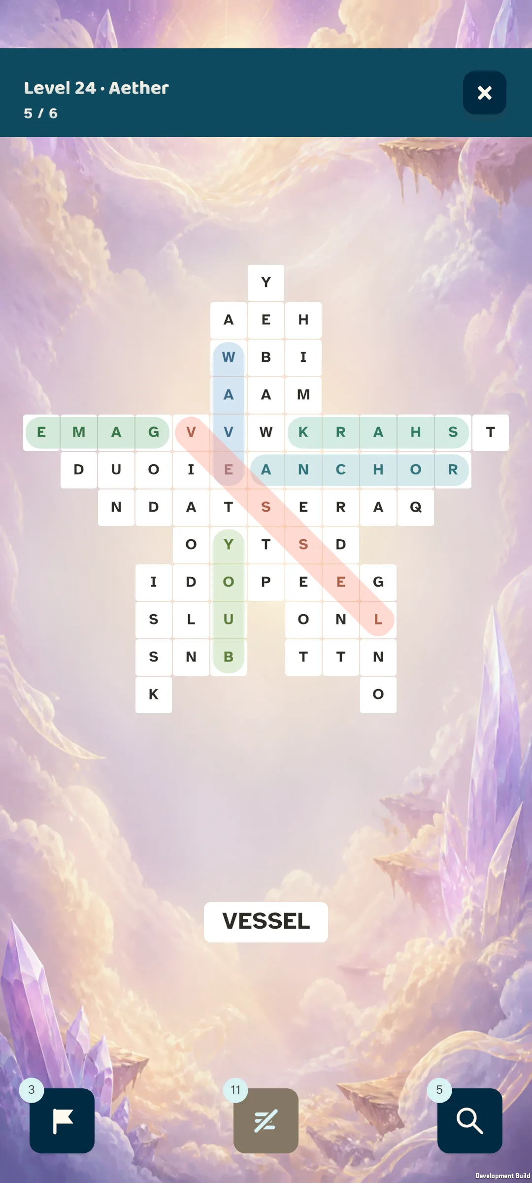 Aether themed Word Search Stage puzzle with horizontal vertical and diagonal words highlighted
