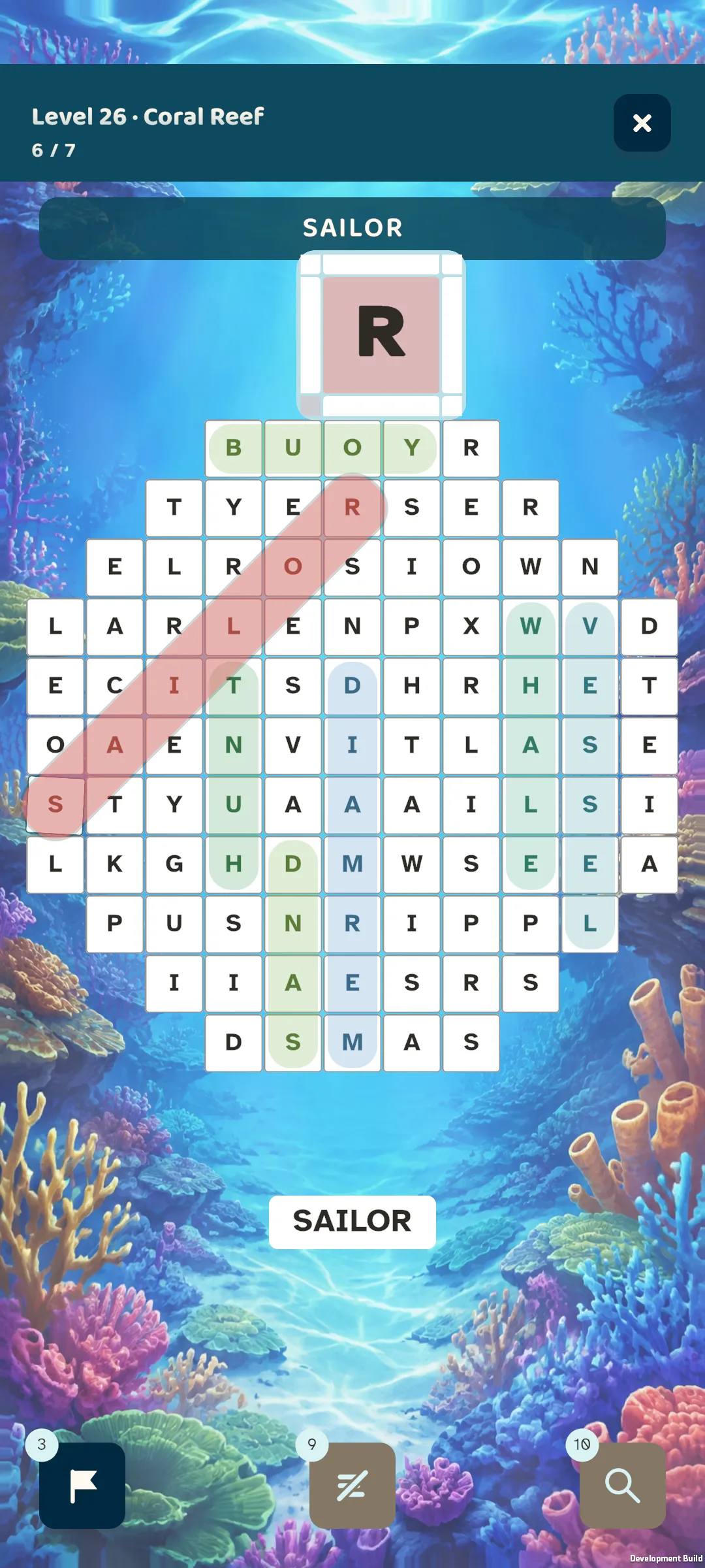 Coral Reef themed hidden word puzzle in Word Search Stage on Android