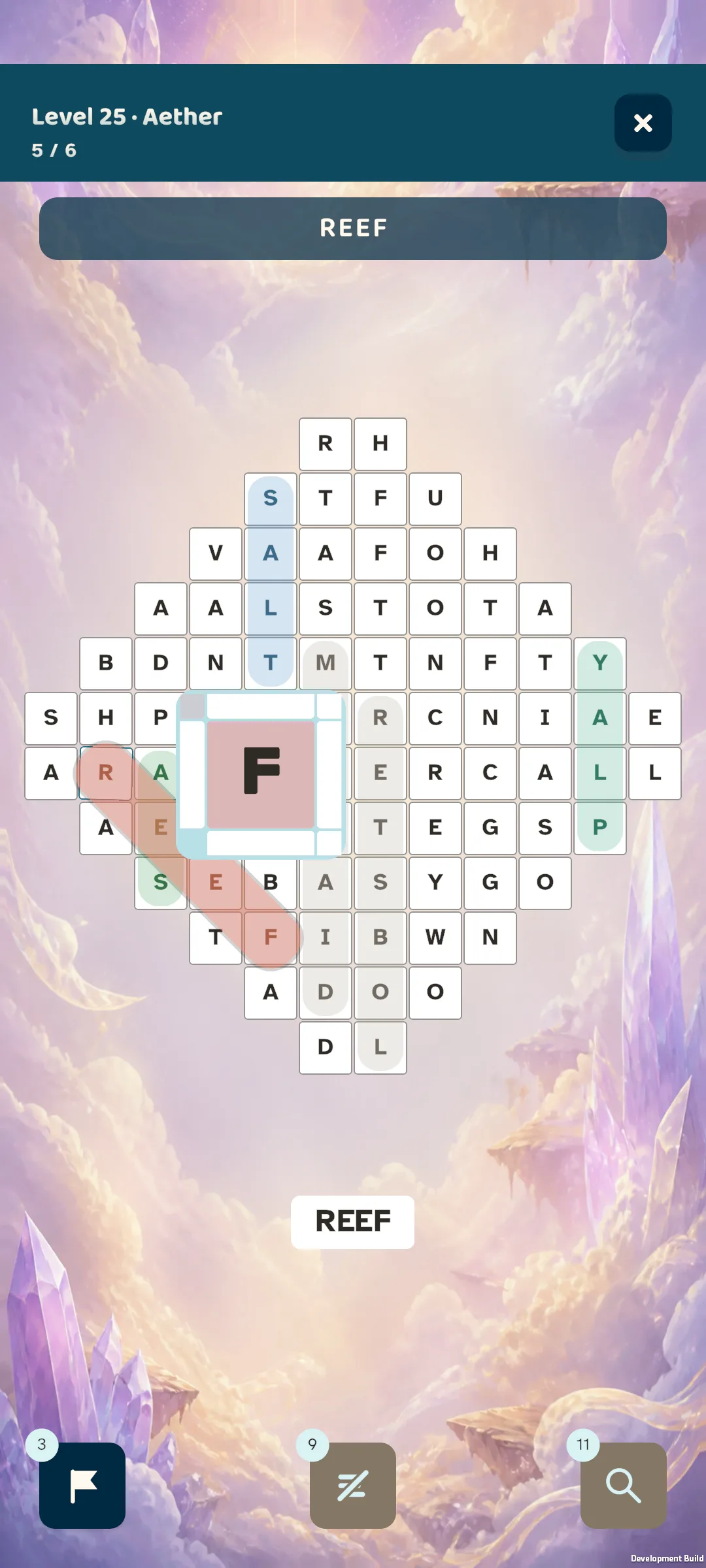 Word Search Stage puzzle showing the helpful letter hint feature for the word reef
